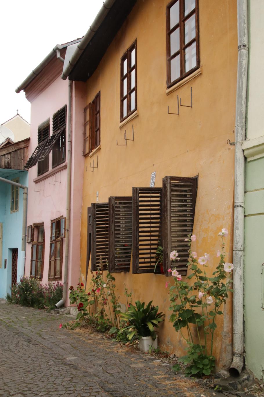 Blumen und bunte Häuser setzen Farbtupfer in den ansonsten grauen Nachmittag.