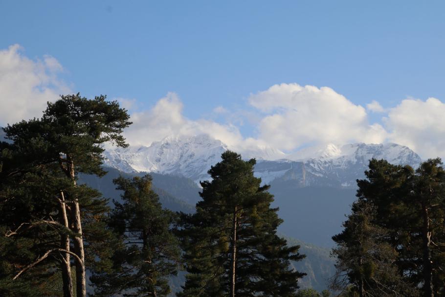 Die schneebedeckten Alpengipfel begleiten uns auf der Fahrt.