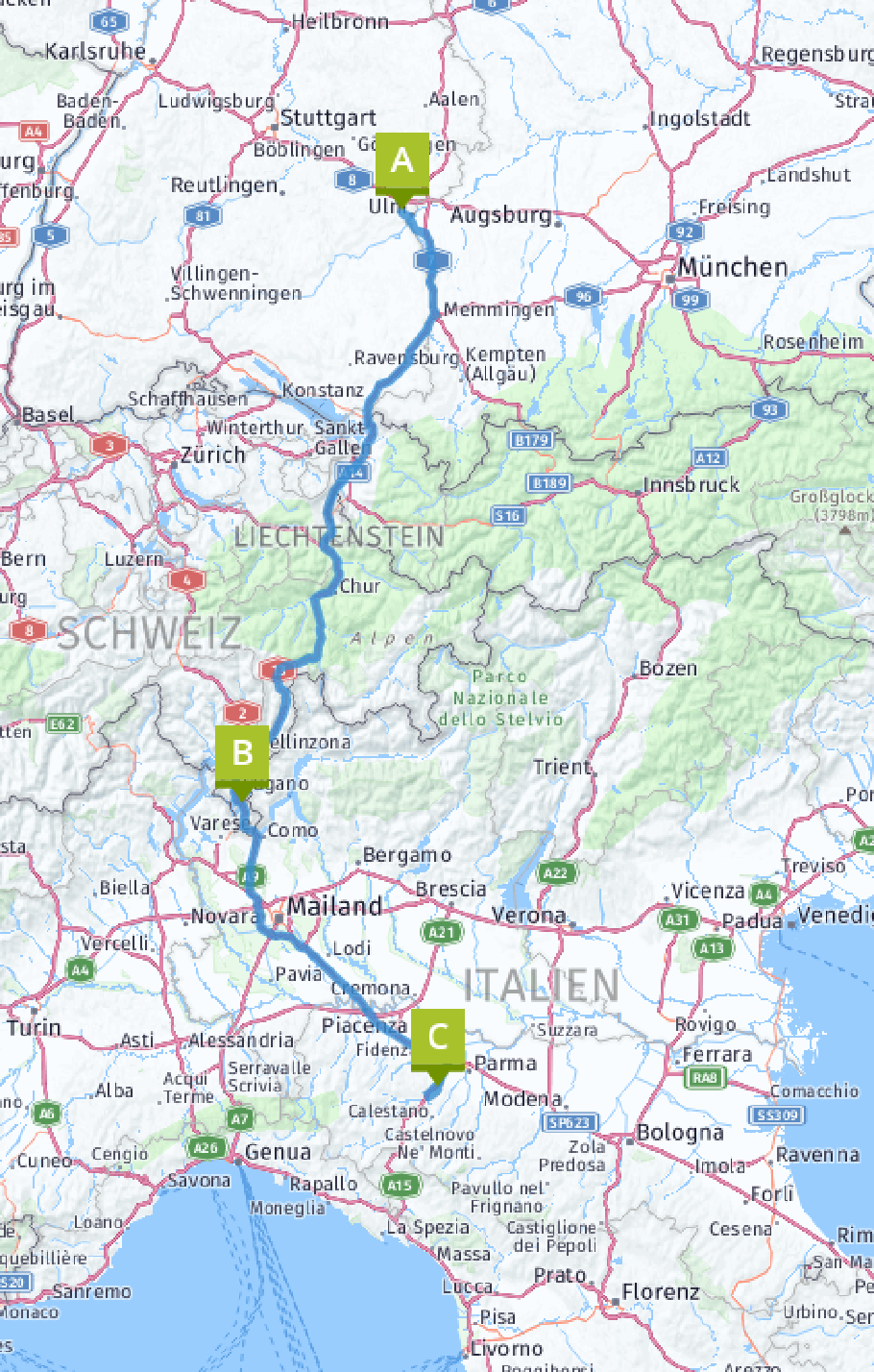Unsere heutige Route: 600 km