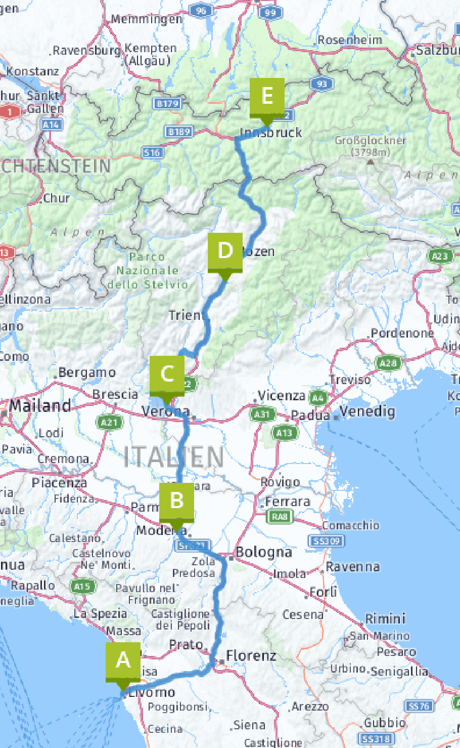 Unsere heutige Route: 650 km