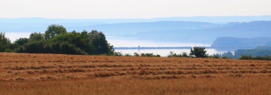 10 Uhr liegt der Brombachsee noch im Nebel. Es sind aber schon 22 Grad.