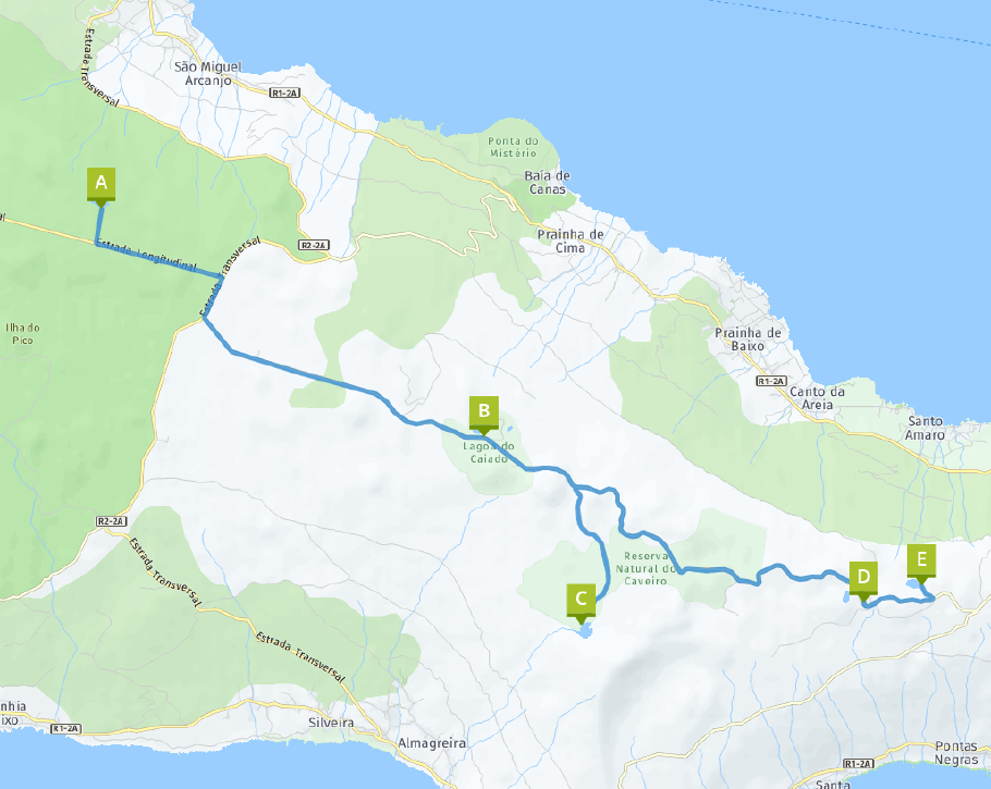 A - Lago do Capitão // B - Lagoa do Caiado // C - Lagoa do Paúl // D - Lagoa da Rosada // E - Lagoa do Peixinho