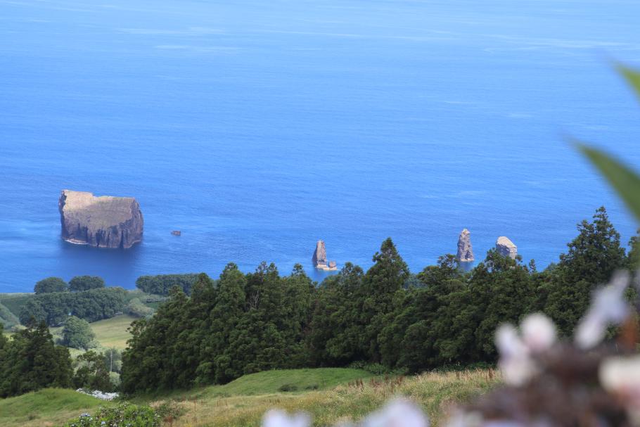 Eine der Eruptionen hat einige dekorative Felsen nahe der Küste platziert