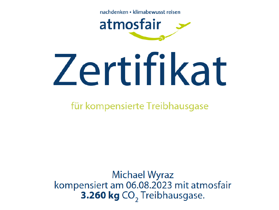 Die Reise hat etwa 2 Tonnen CO₂ erzeugt. Mit der Kompensation wird der Urlaub CO₂-neutral