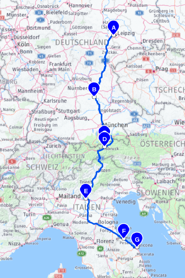 Route Teil 1 - Zur Fähre in Ancona - 1258 km