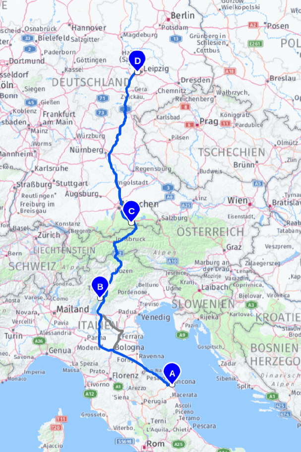 Route Teil 3 - Ancona bis nach Hause - 1346 km