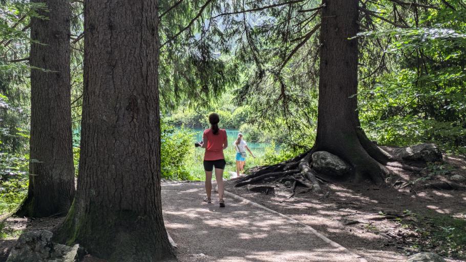 Nach kurzem Fußmarsch schillert es bläulich durch die Bäume
