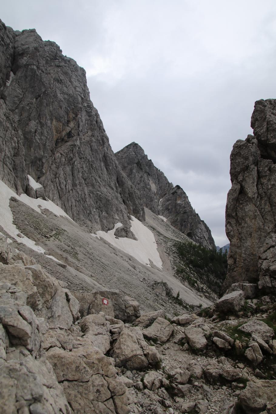 In der Mitte des Bildes ist das Schneefeld. Der kleine Punkt ist ein Wanderer, der sich hindurch traut.