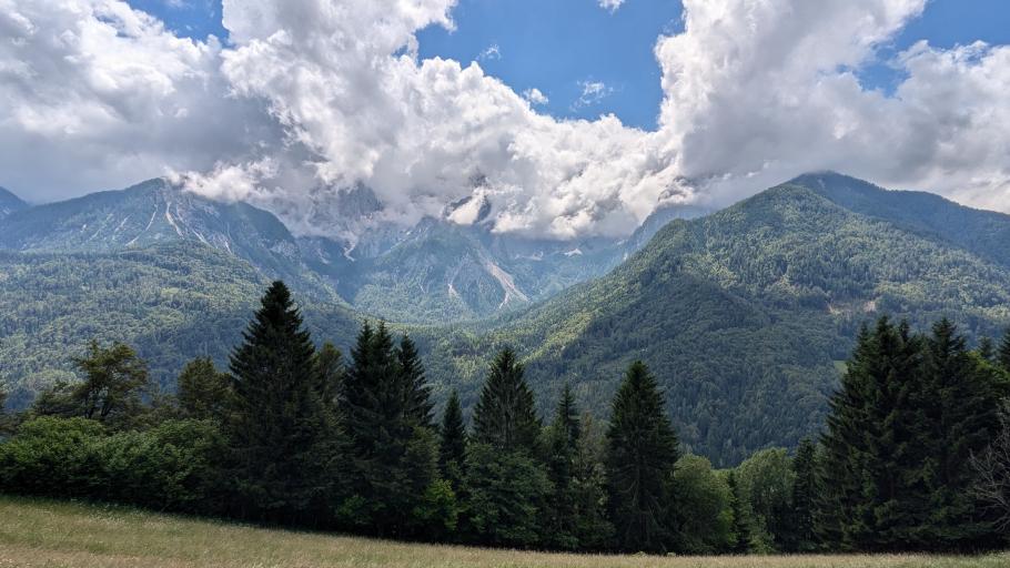 Nachdem wir 200 Höhenmeter erwandert haben, kommen wir an die Srednji Vhr Alm