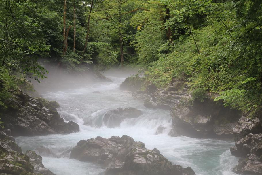 Die vom Regen noch hohe Luftfeuchtigkeit kondensiert über dem eiskalten Flusswasser