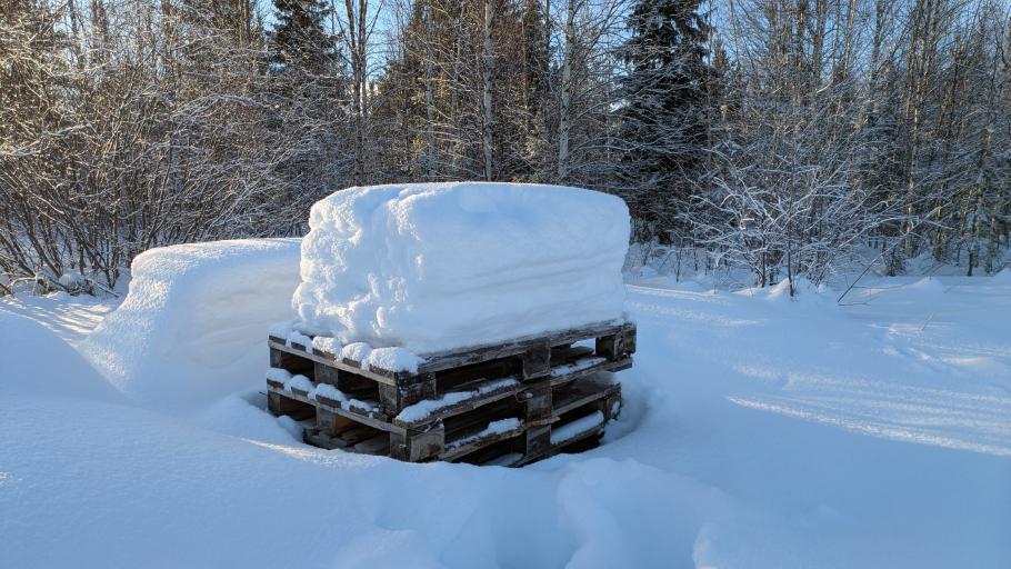 Schnee gibt’s hier echt überall. Sogar auf Palletten.