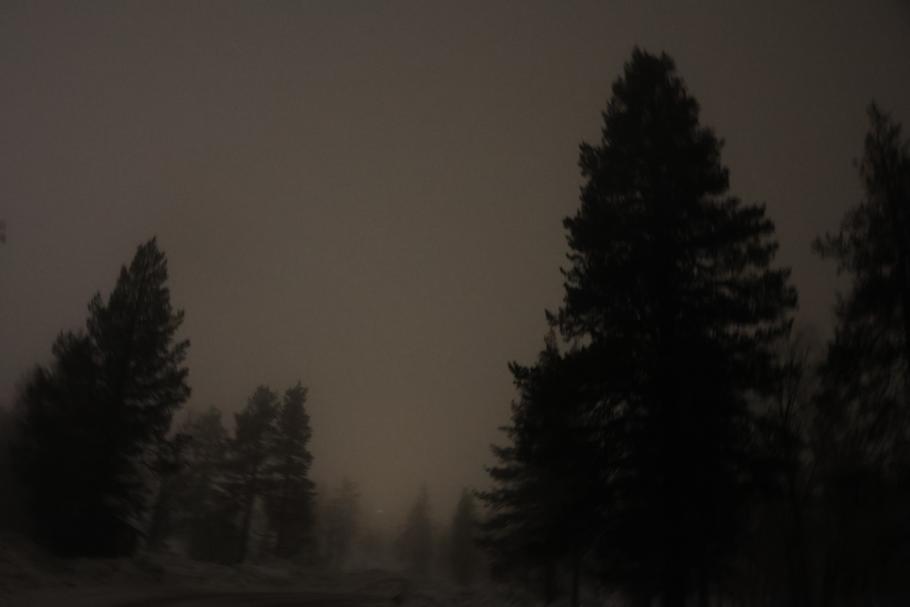 Stille Winternacht. Der Himmel leuchtet zwar leicht, durch die Wolken sind aber keine Nordlichter zu sehen