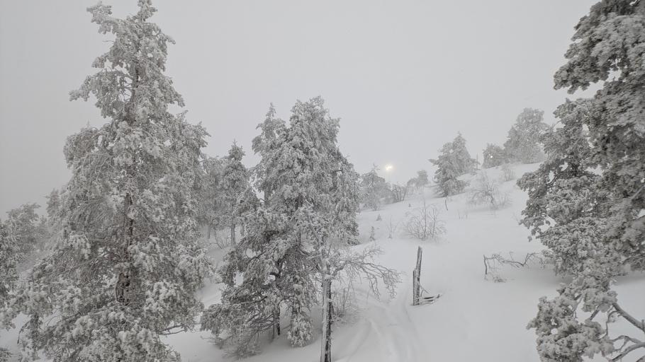 Sonnenschein? Nein, die Pistenbeleuchtung wurde heute beizeiten eingeschaltet