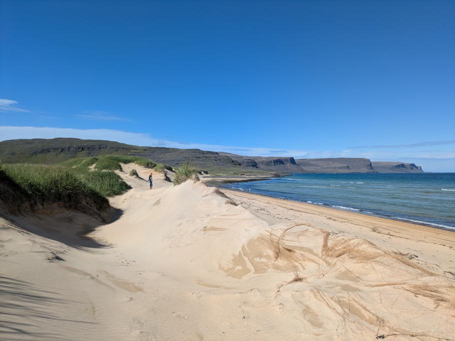 Dünen wie in der Wüste und ein langer gelber Sandstrand